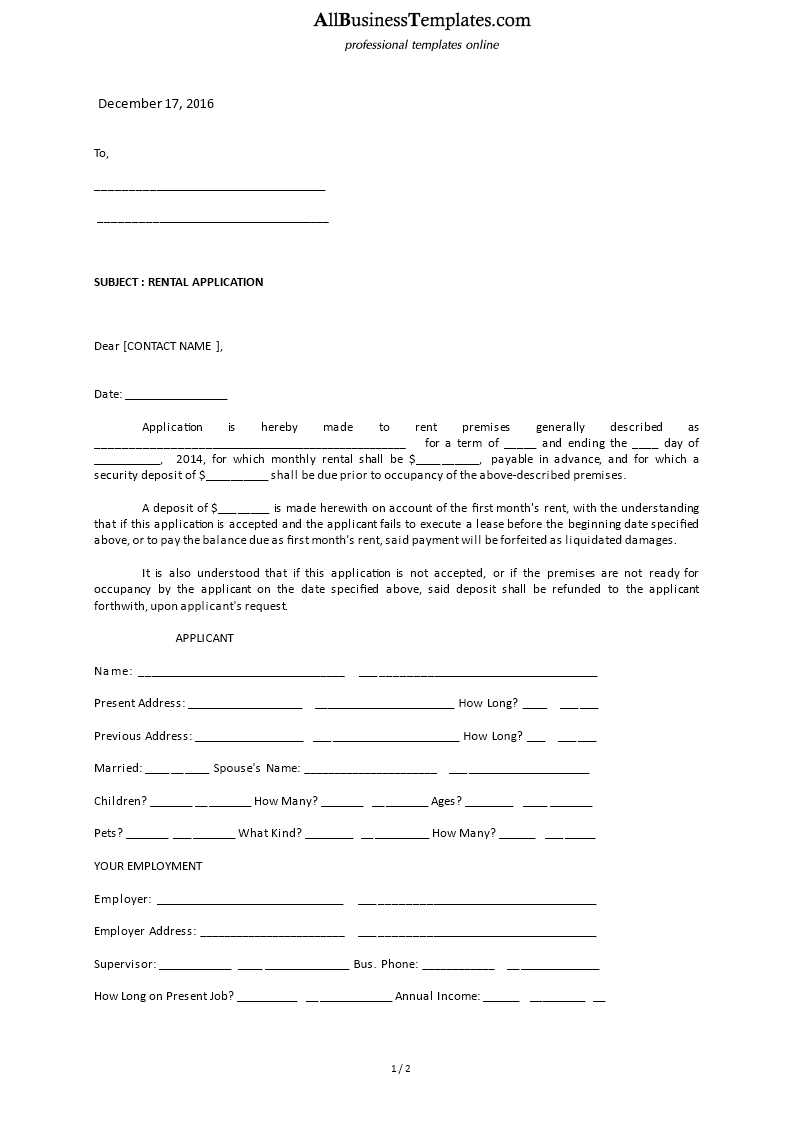 application letter for renting shop