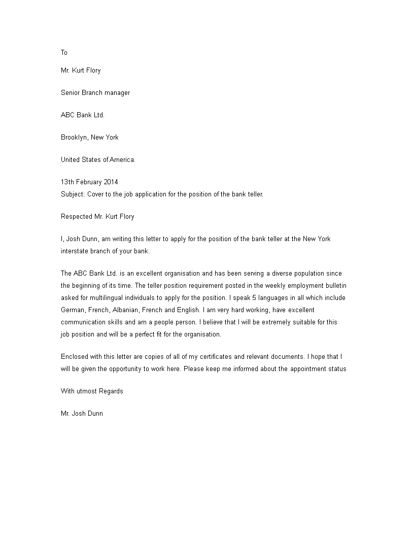 commercial banking application letter template