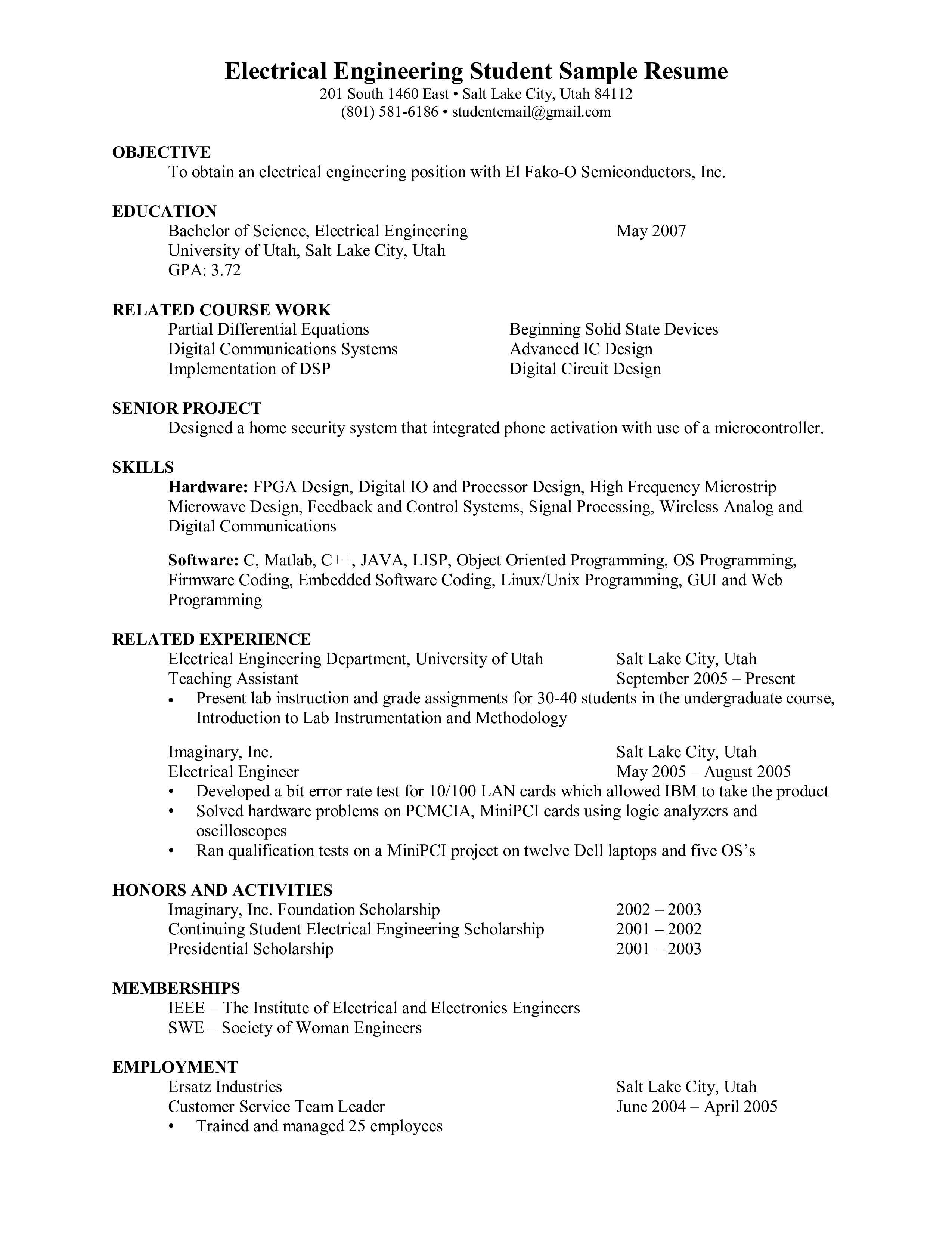 electrical engineer fresher resume sample template