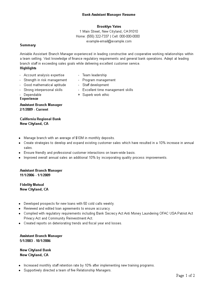 Bank Assistant Manager Resume template 模板