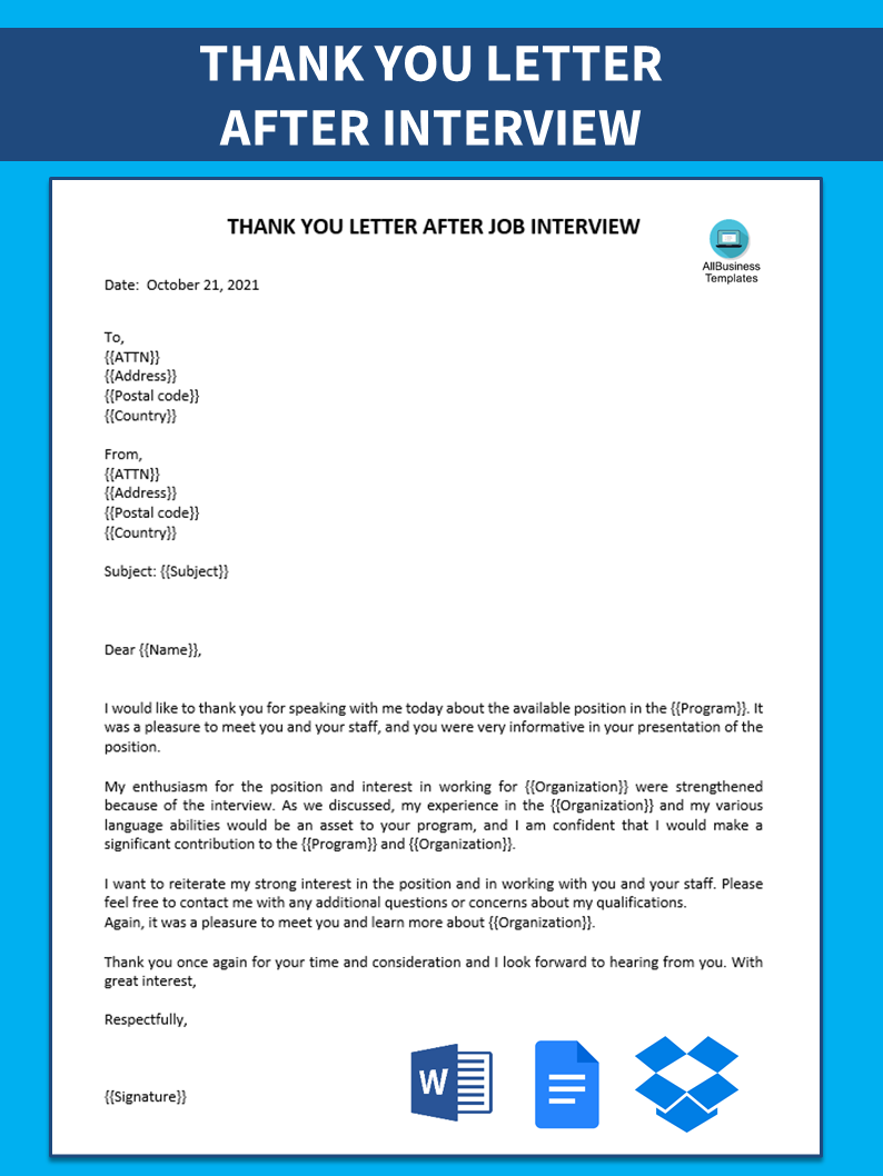 thank you letter after job interview template