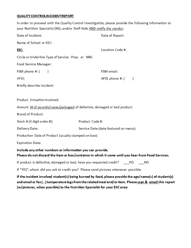 quality control incident report template