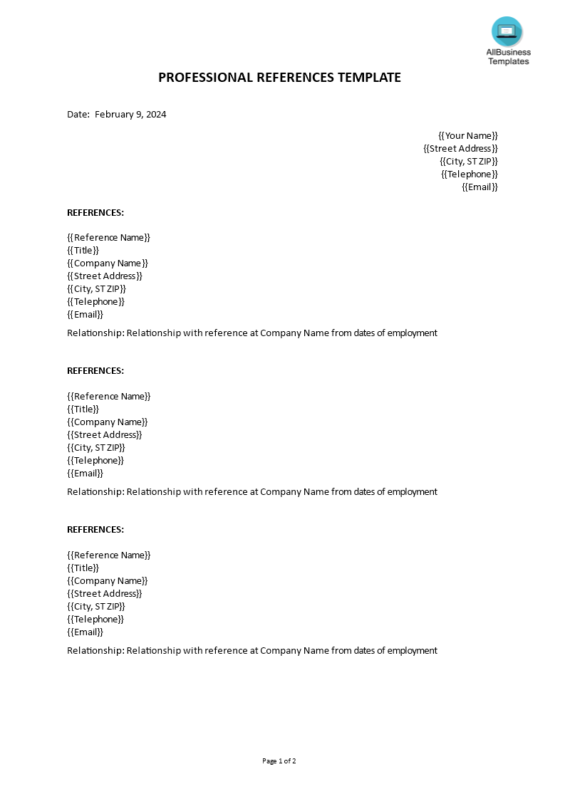 professional references template template