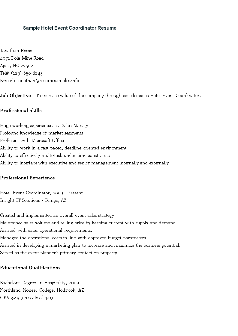 hotel event planner resume template