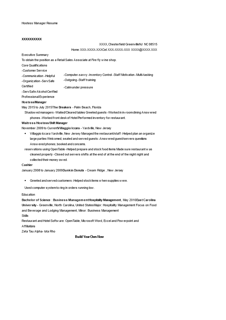 hostess manager resume template