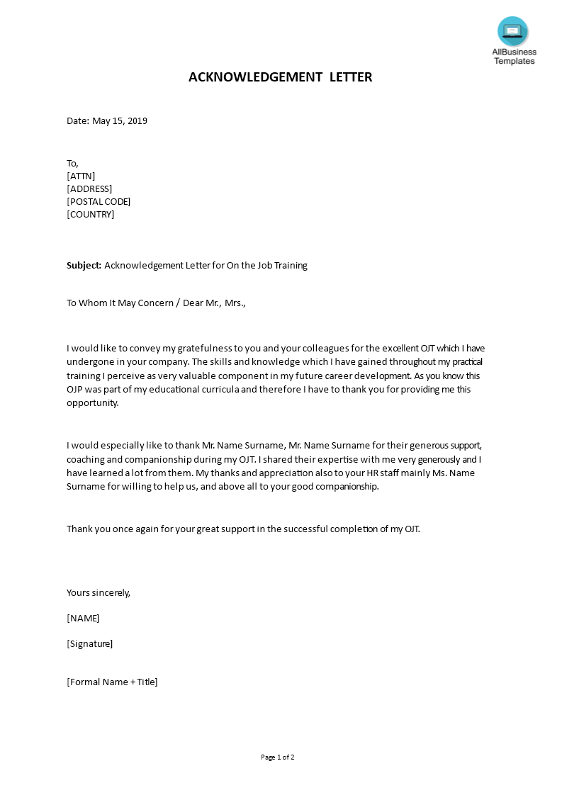 acknowledgement letter for on the job training template