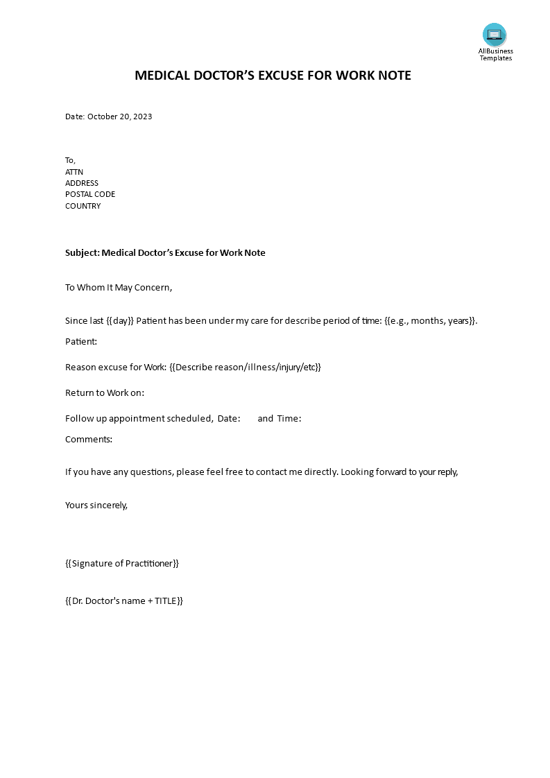 medical doctors note for work template
