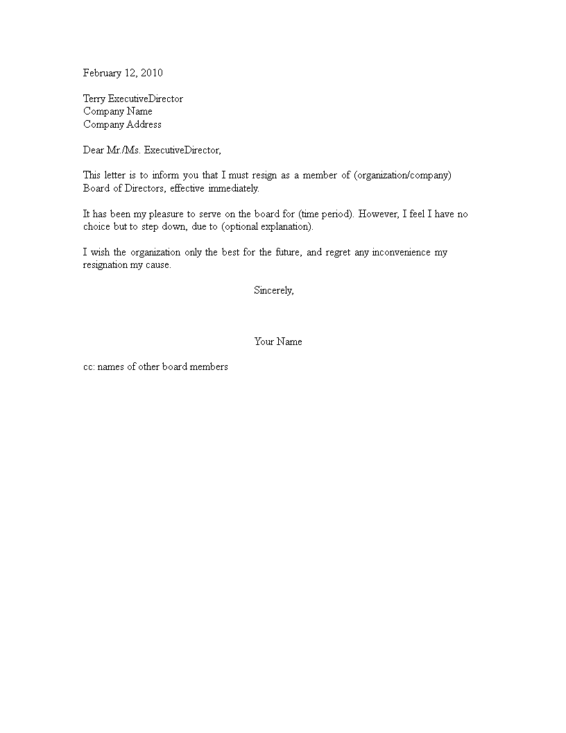 resignation letter from a volunteer board voorbeeld afbeelding 