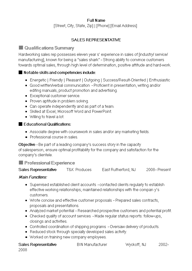 sales representative agent resume template