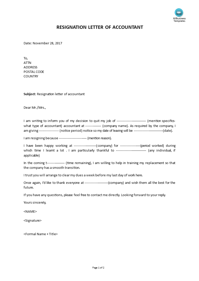 resignation letter of accountant voorbeeld afbeelding 