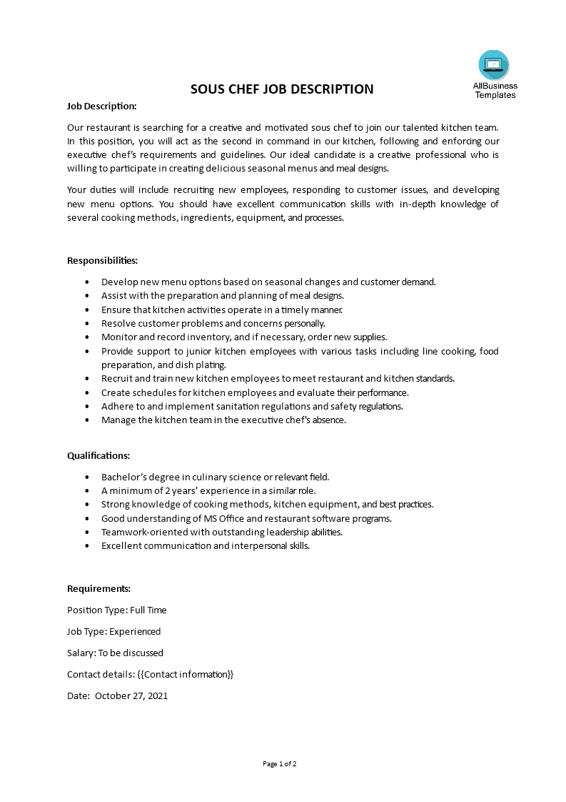 sous chef job description template