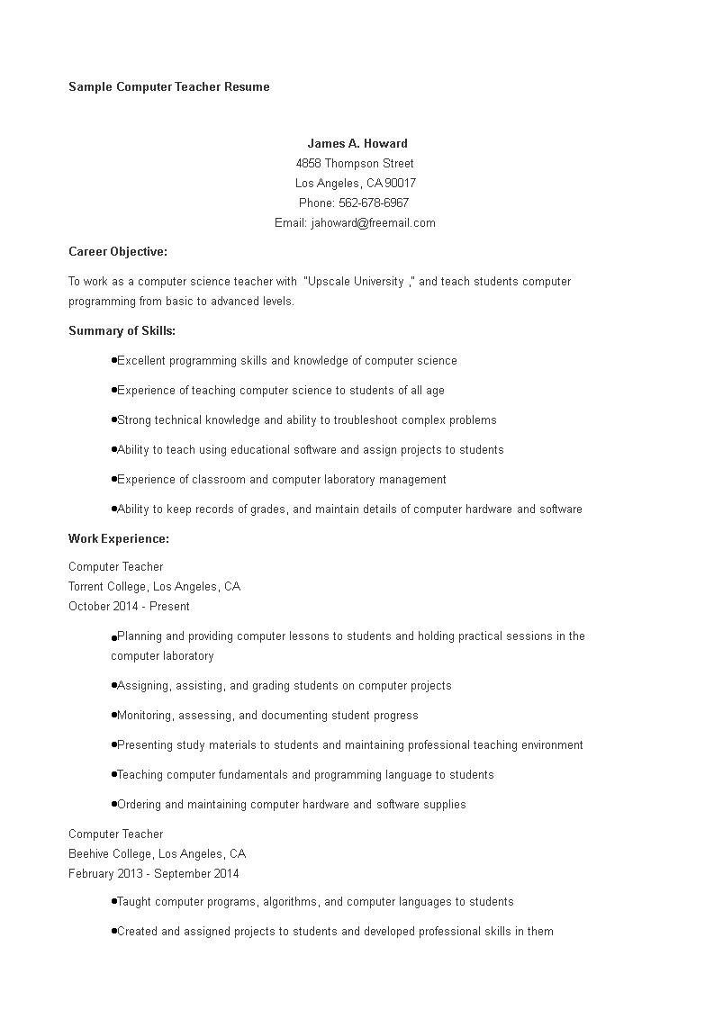 resume for computer teacher voorbeeld afbeelding 