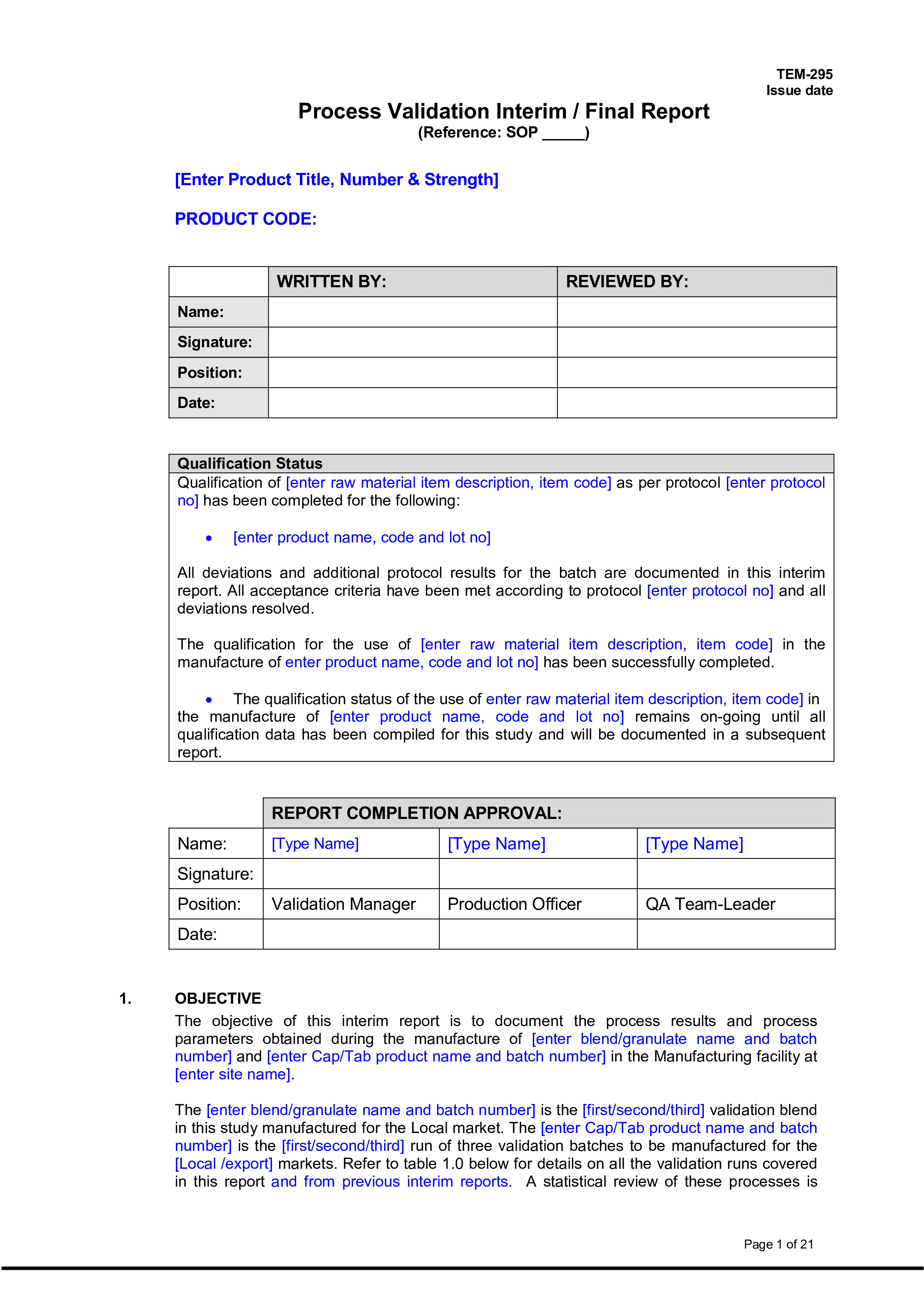 Process Validation Report 模板