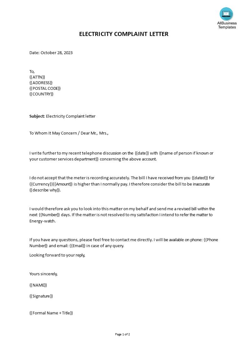 Electricity Complaint Letter Format | Templates at 