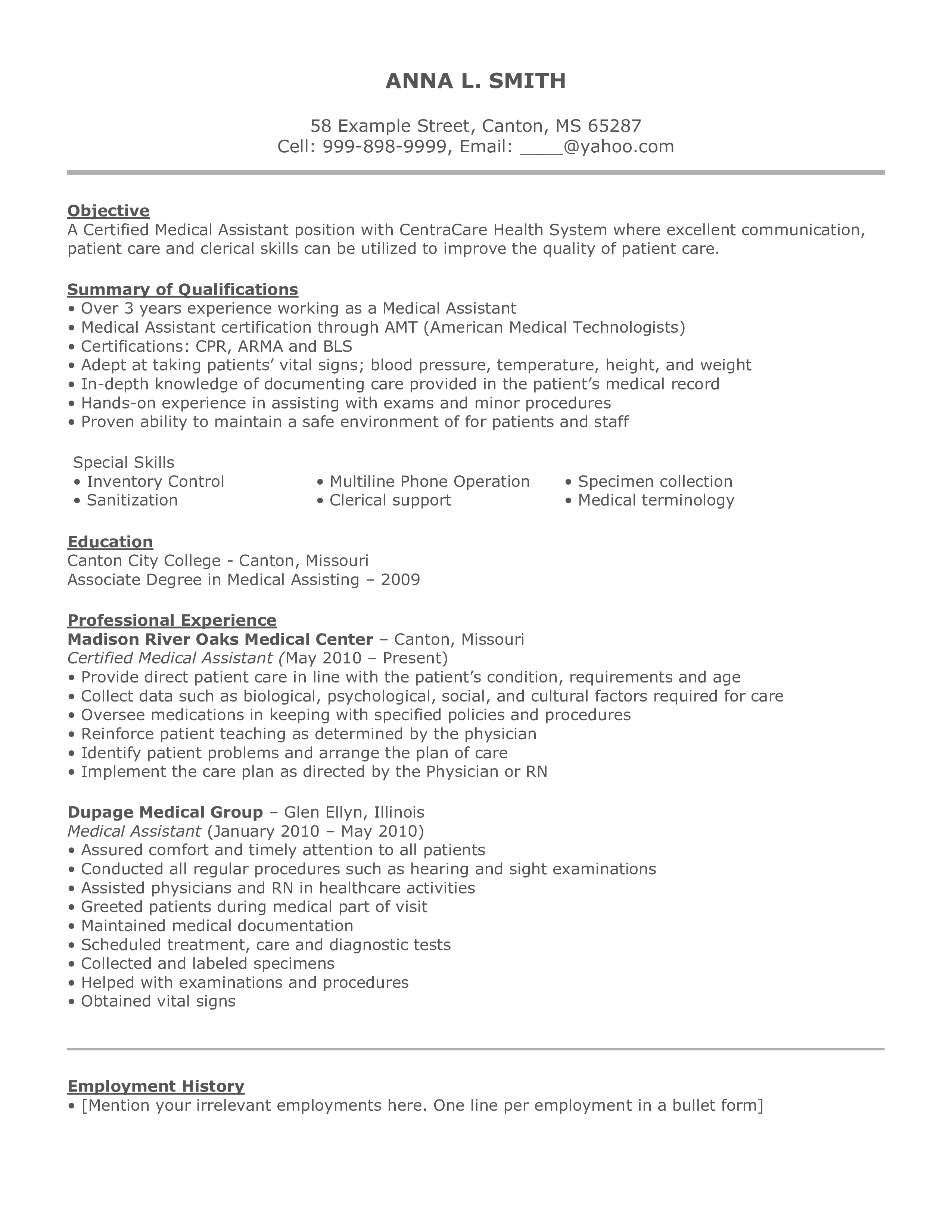 Medical Assistant Curriculum Vitae example main image