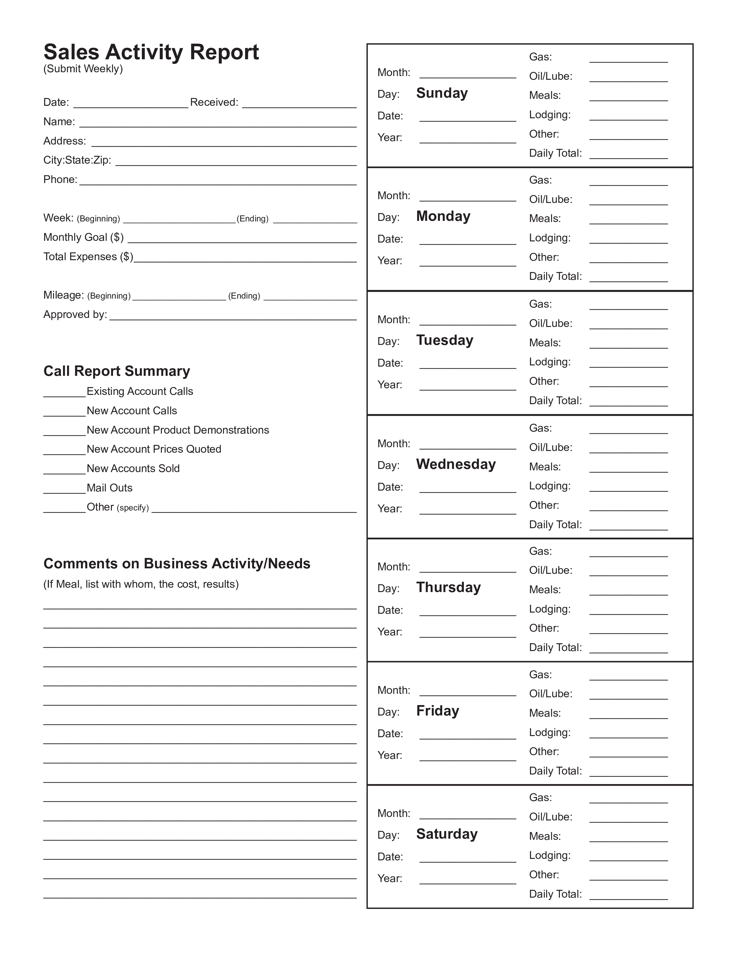 sales activity template