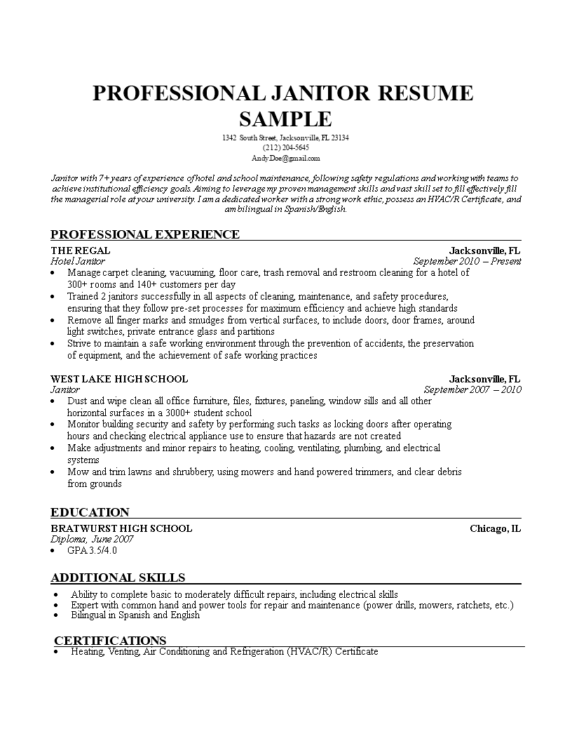 nm janitor resume modèles