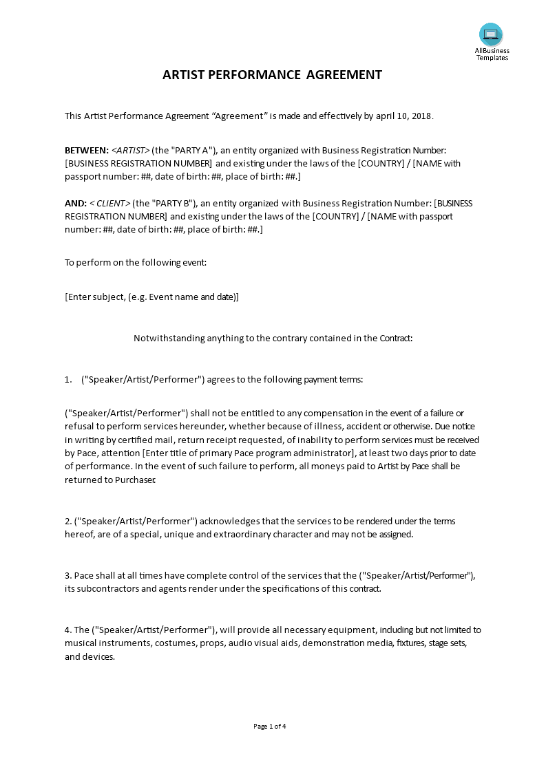 Music Performance Contract Template PDF Template