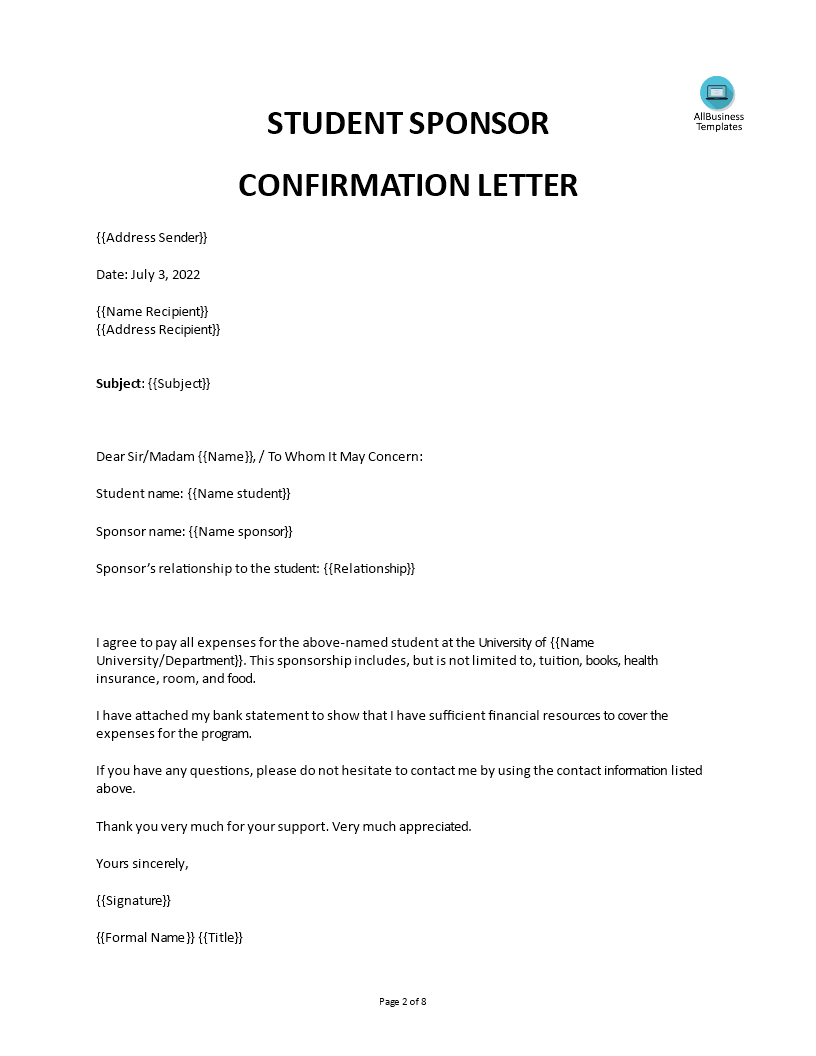 Sample Of Letter Of Sponsorship For Student