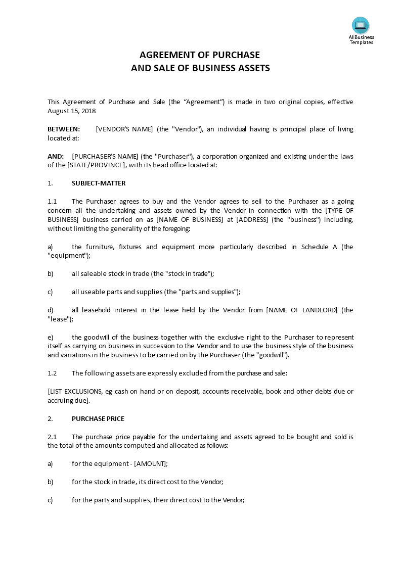 Agreement of Purchase and Sales of Business Assets 模板