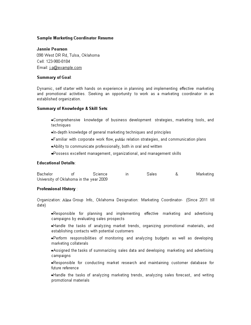 Sales Marketing Coordinator Resume 模板