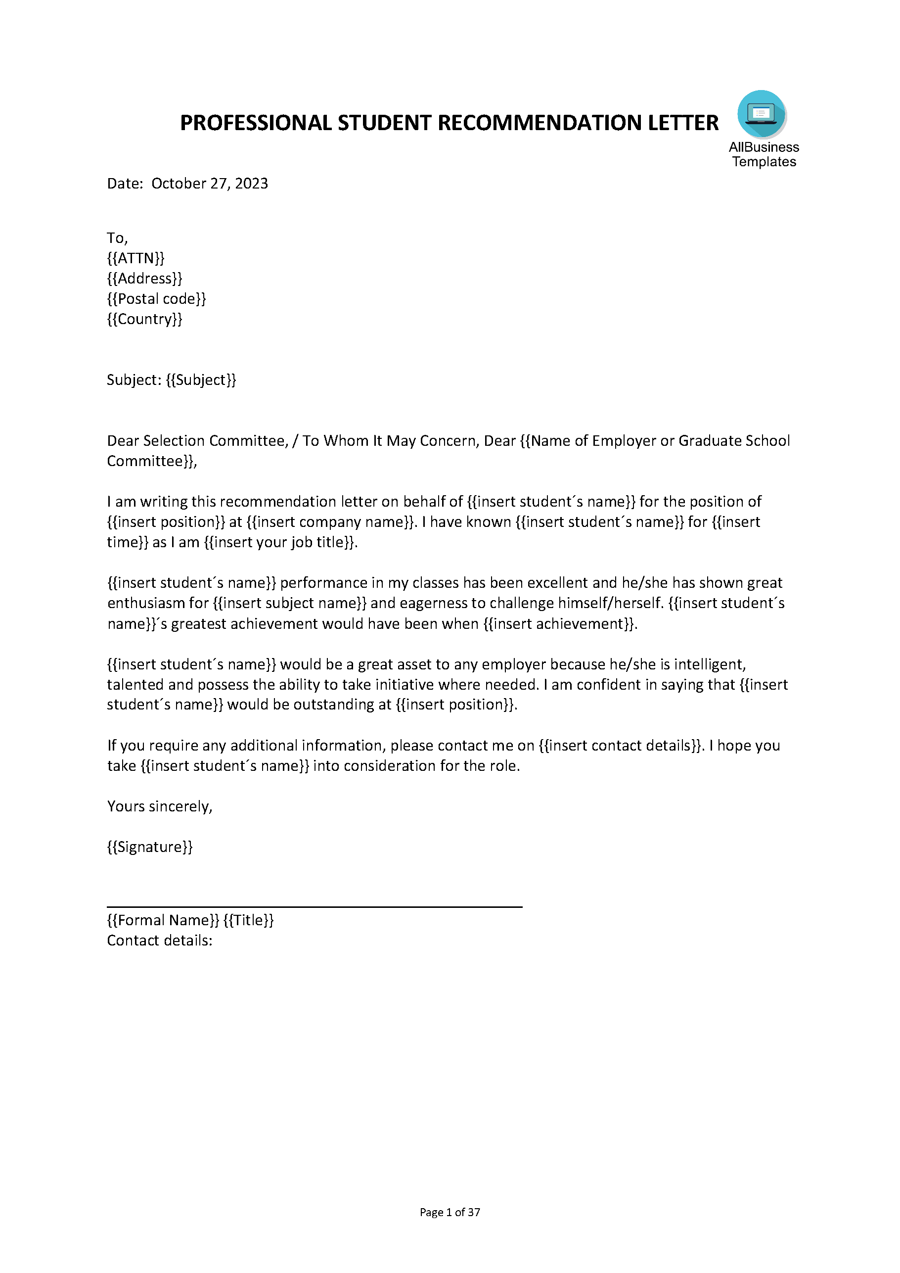 recommendation letter for a student template