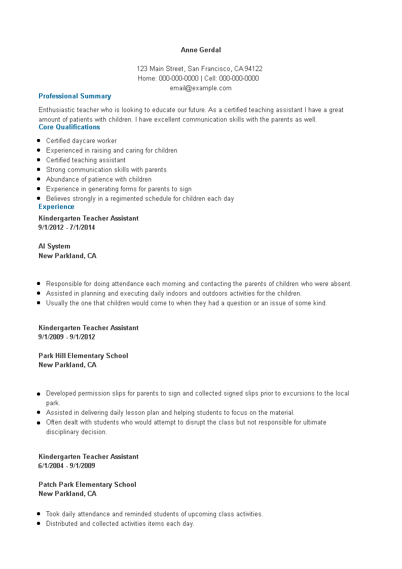 Assistant Kindergarten Teacher Resume main image