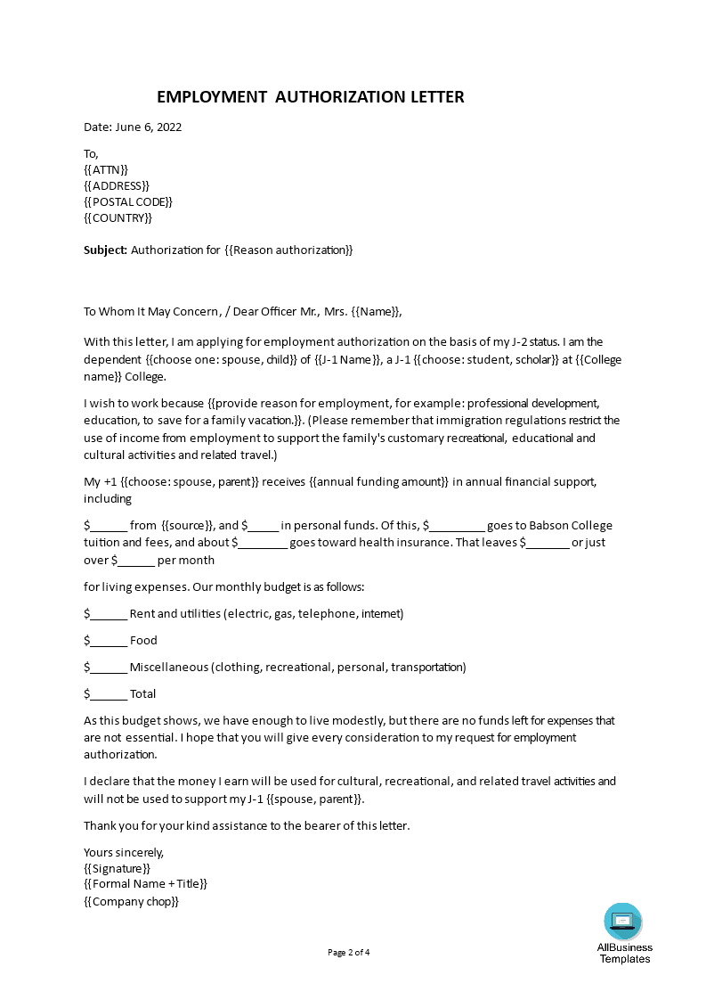 employment authorization letter sample template