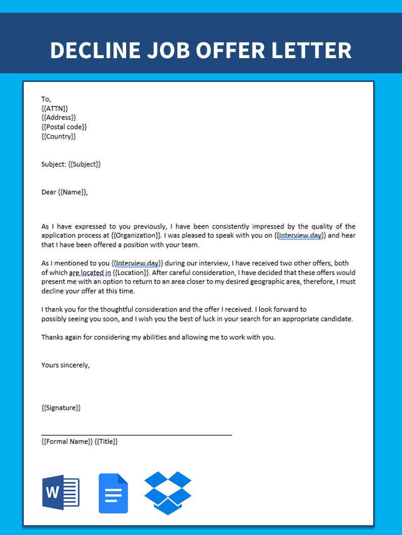 offer rejection letter format template