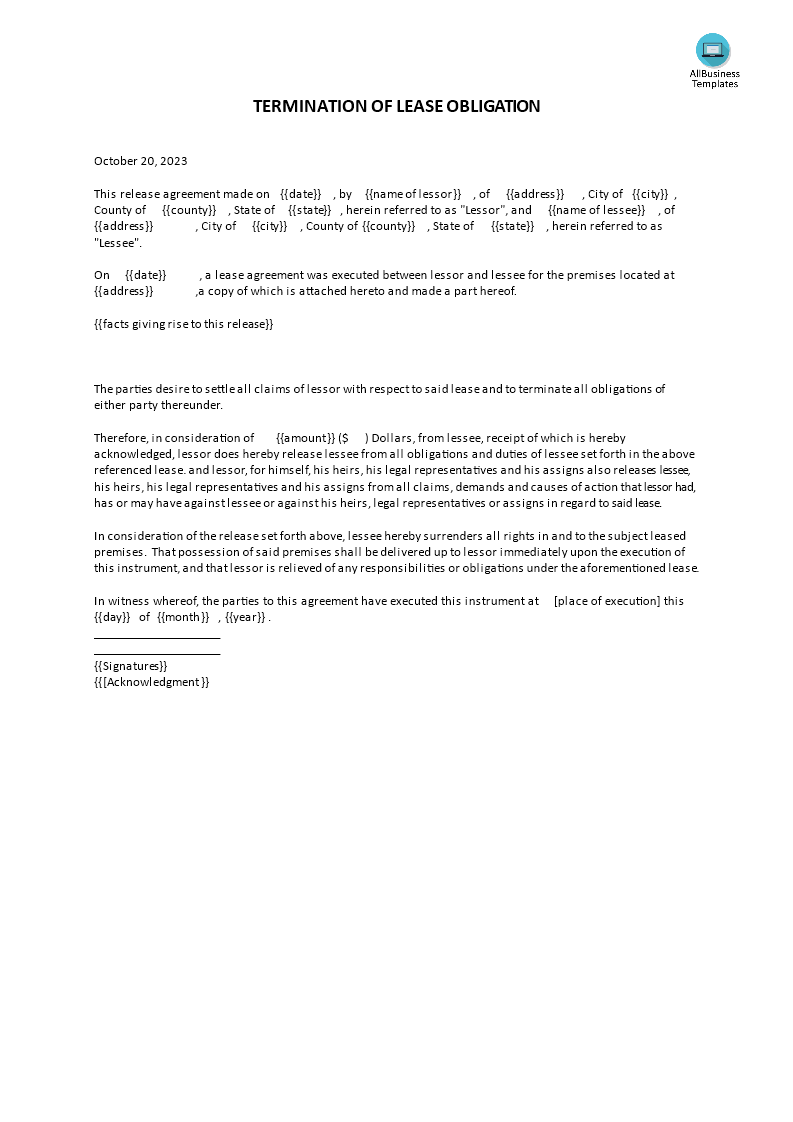 termination of lease obligation voorbeeld afbeelding 