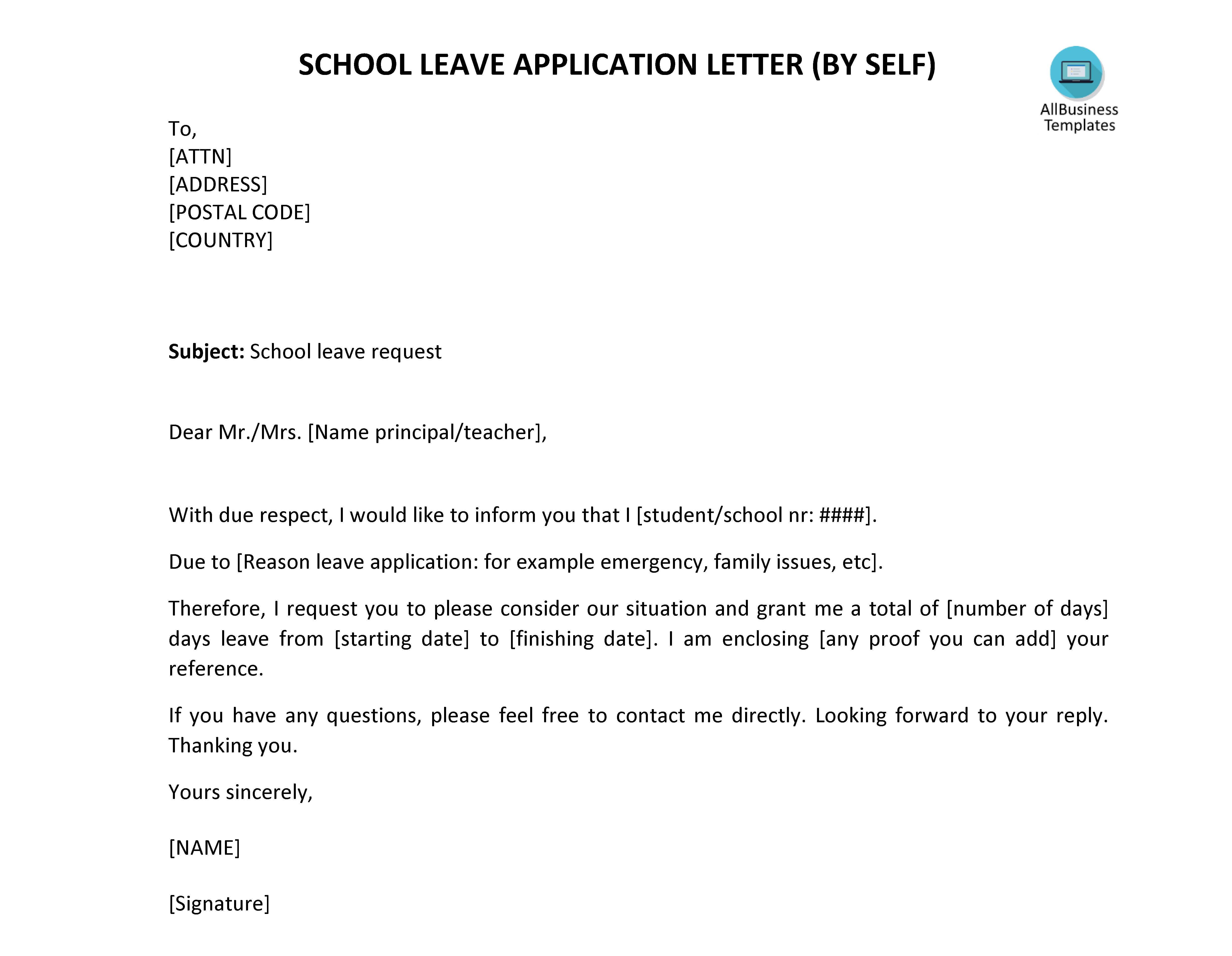 Kostenloses School Leave Letter By Self In School Absence Note Template