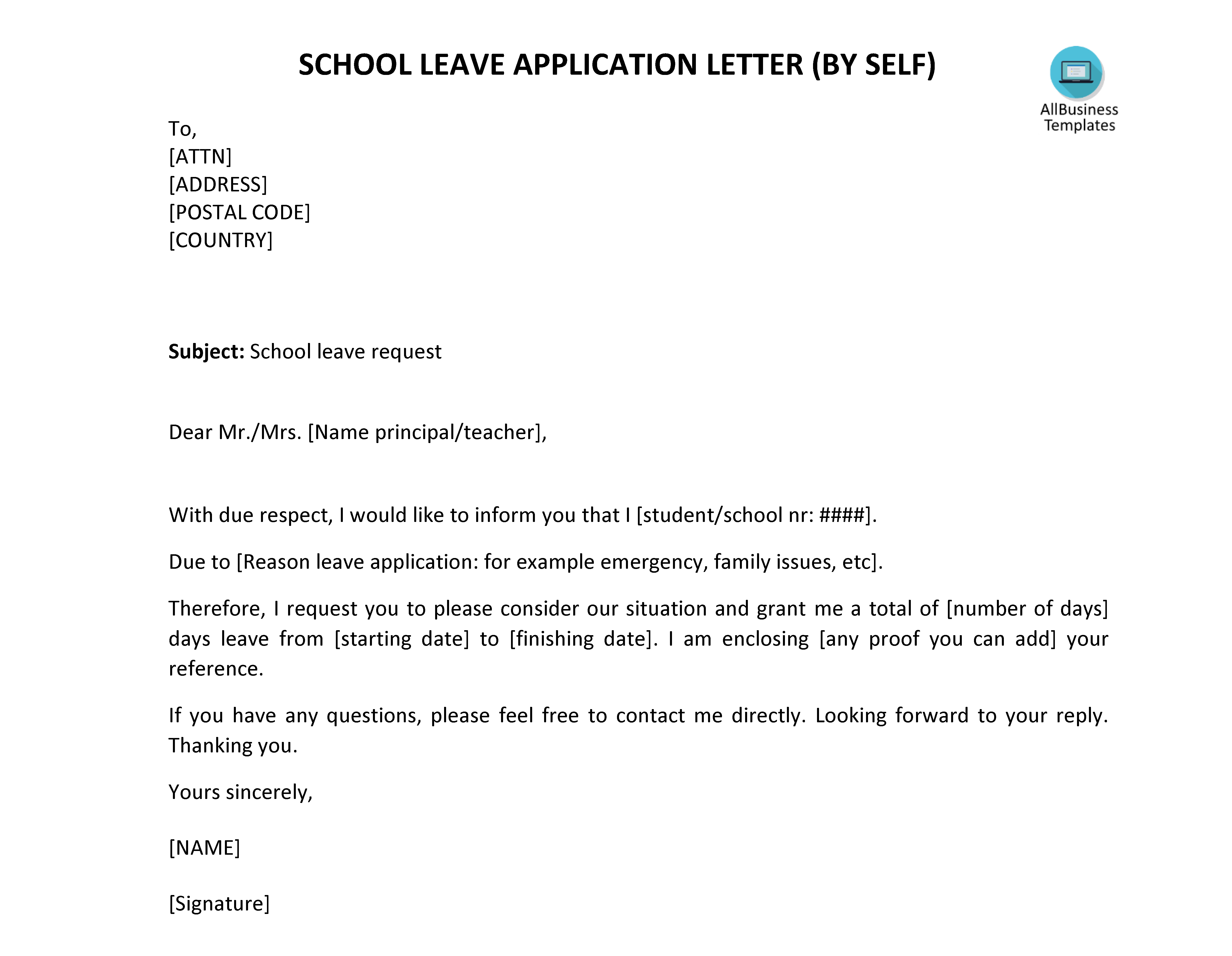 formal application letter for leave