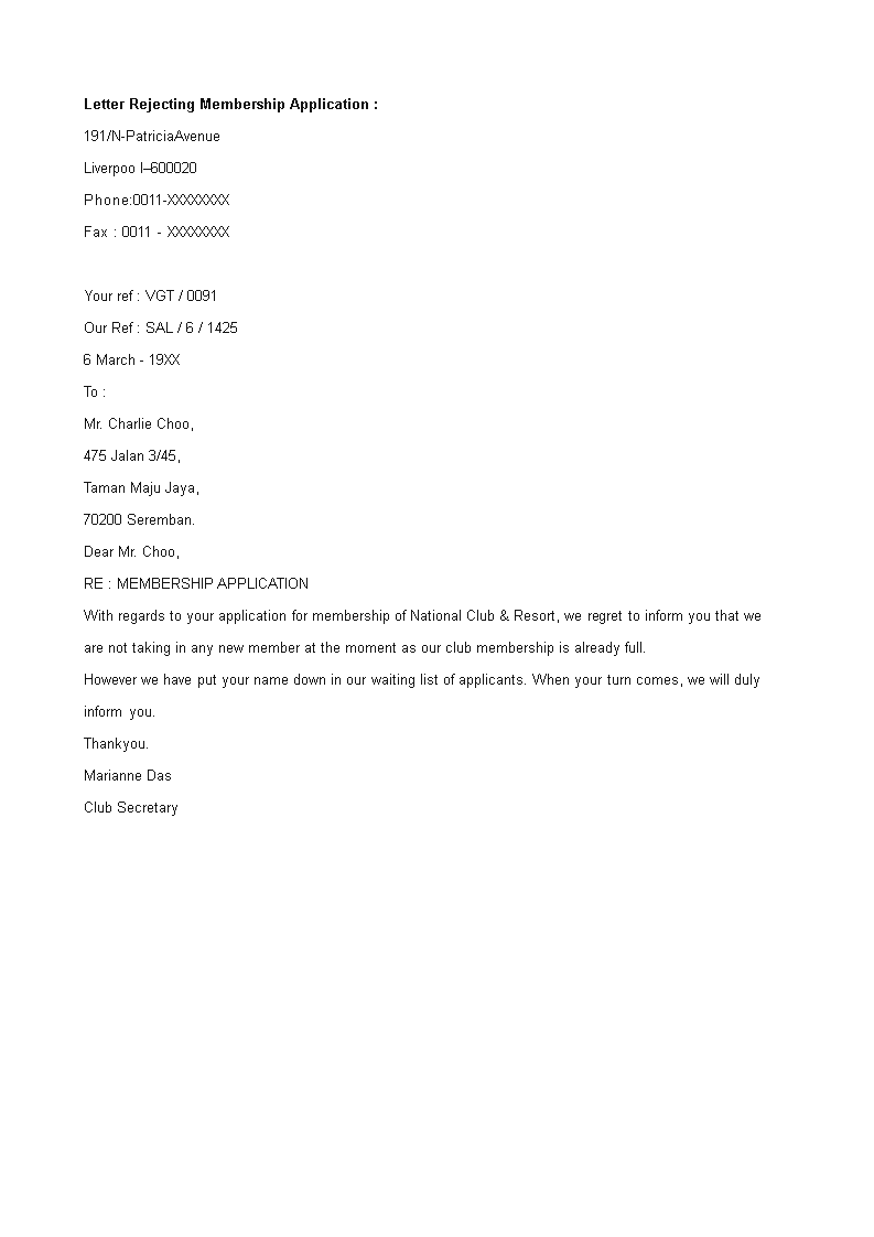 Membership Application Rejection Letter main image