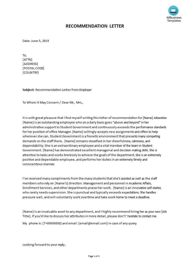 Printable Letter of Recommendation for Graduate School From Employer | Templates at ...