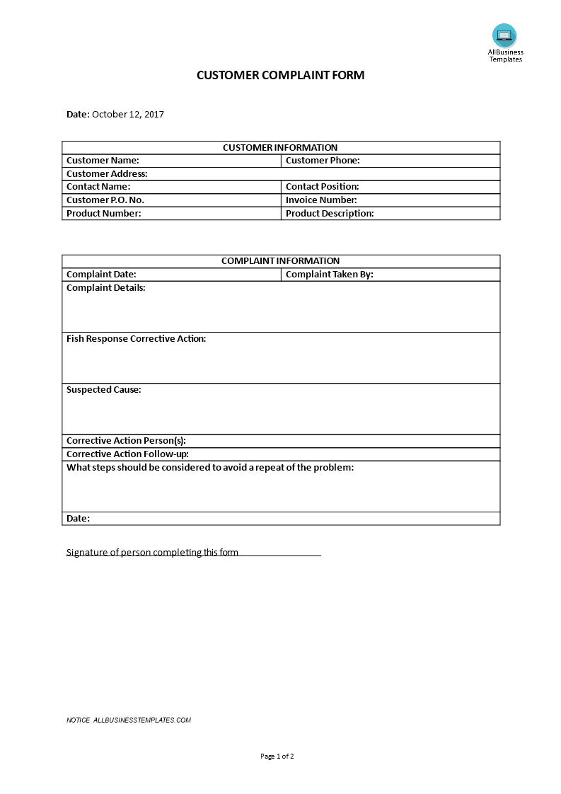 customer complaint form modèles