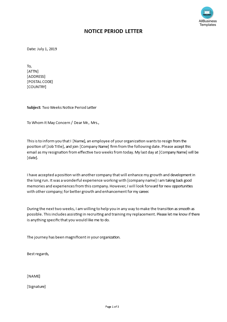 2 weeks notice period letter template word format modèles