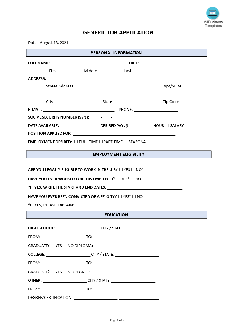 generic job application template