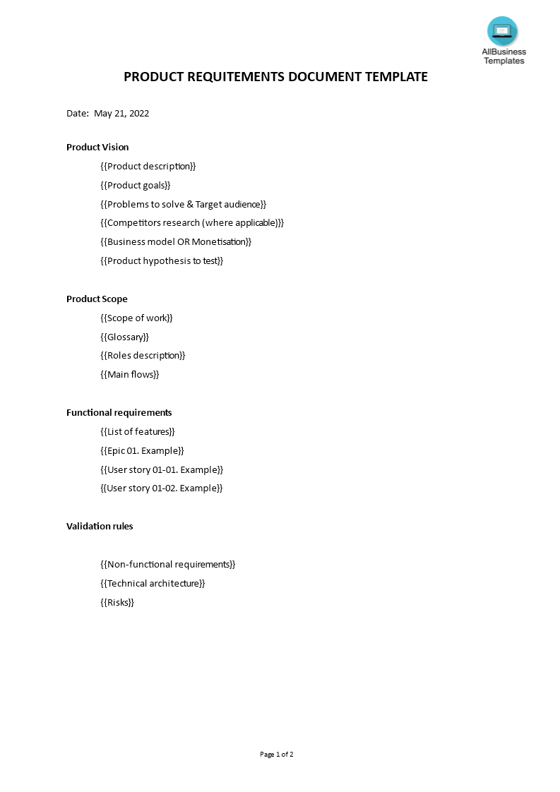 product requirements document template voorbeeld afbeelding 