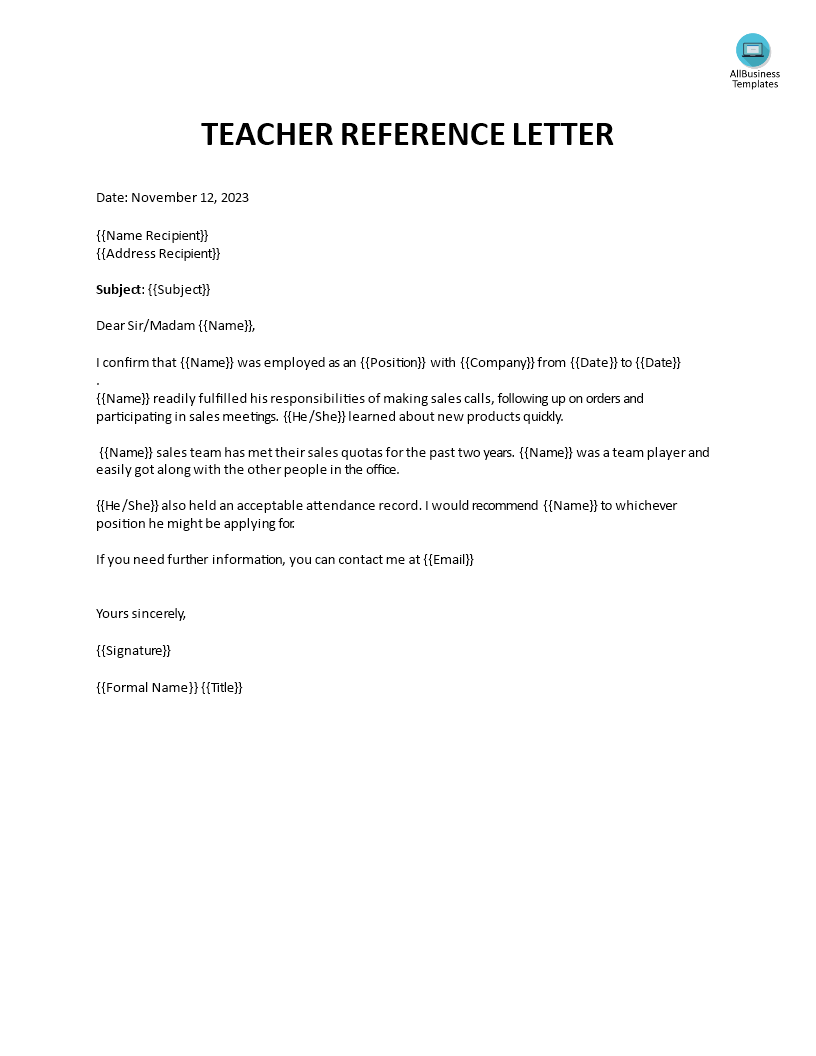 teacher reference letter template