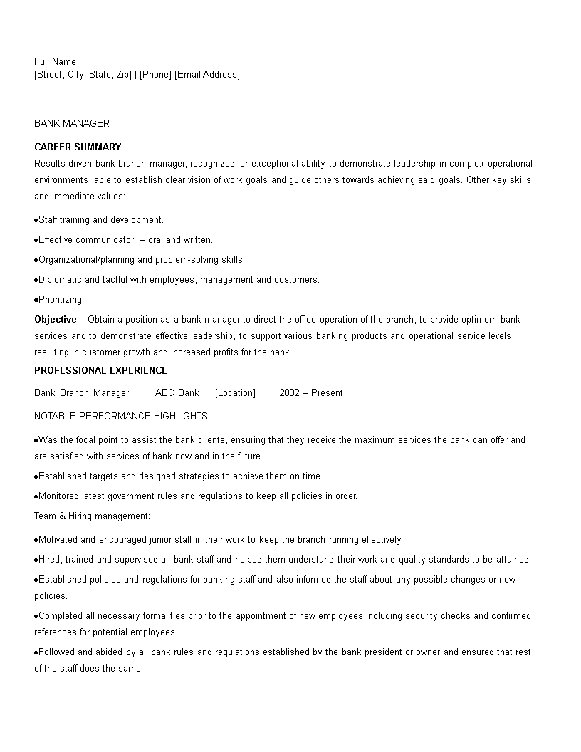 banking manager resume sample modèles