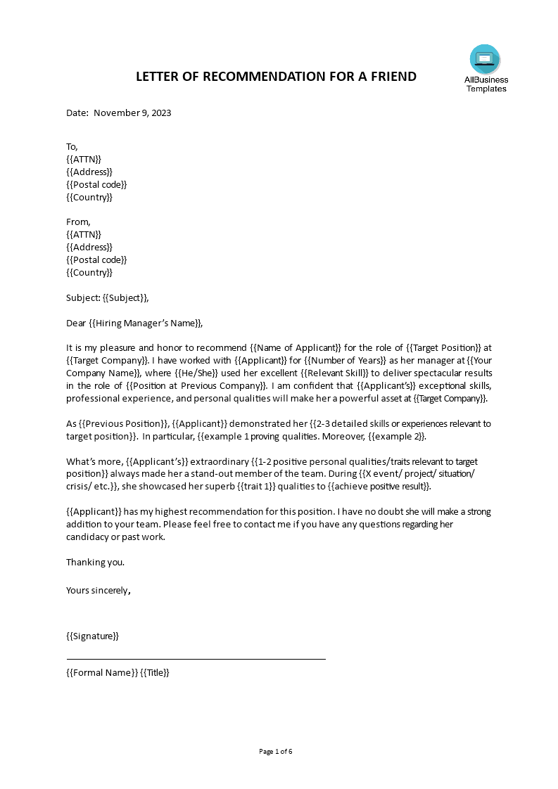 Kostenloses Recommendation Letter Sample Employee