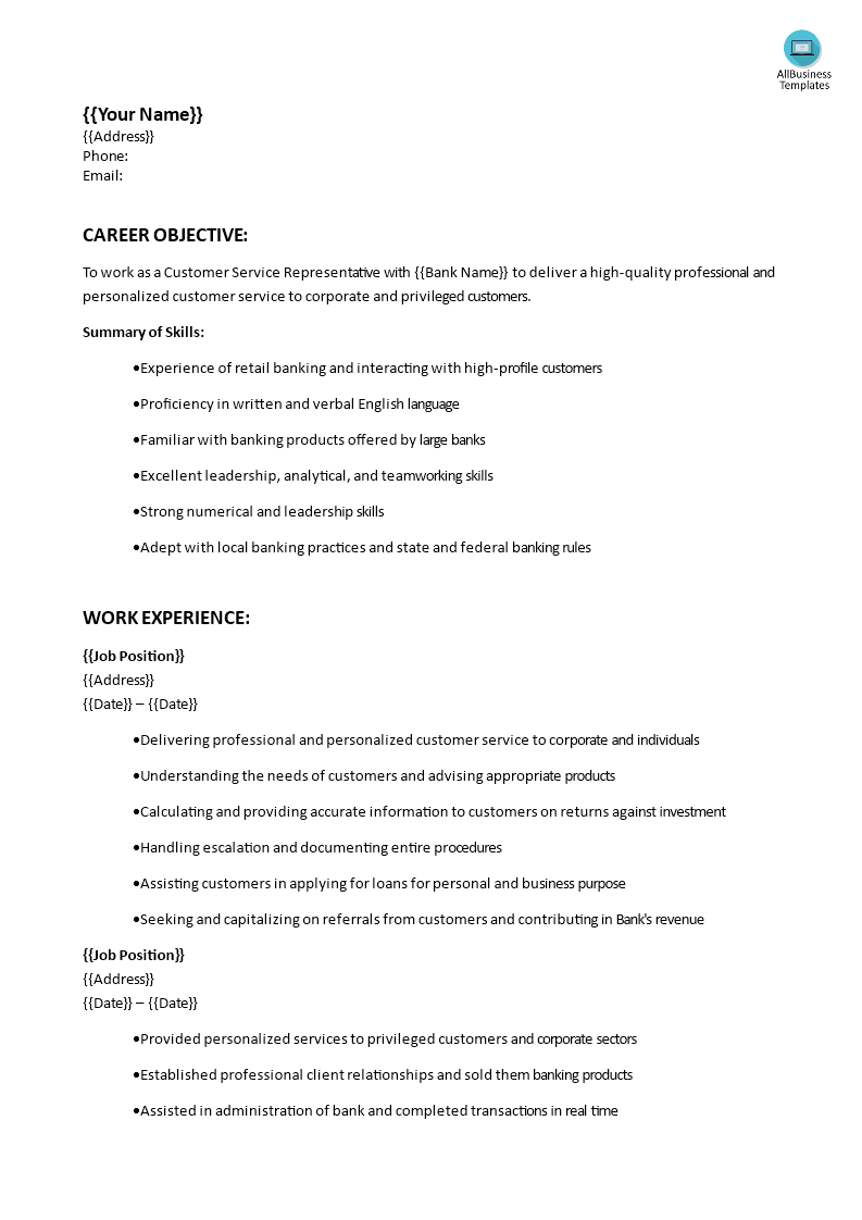 Customer Service Retail Banking Resume template 模板