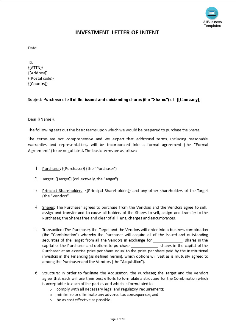 investment letter of intent template