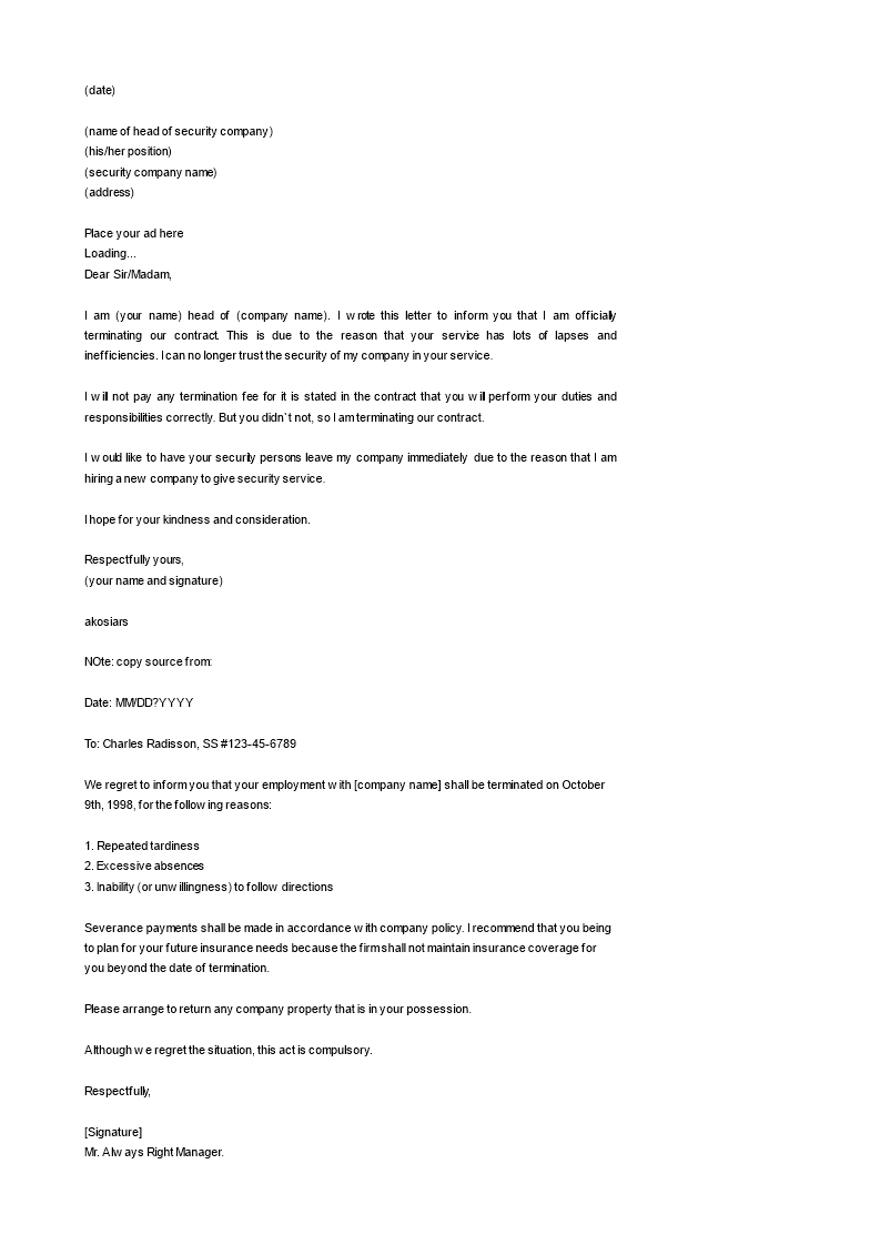 security service termination letter word format voorbeeld afbeelding 