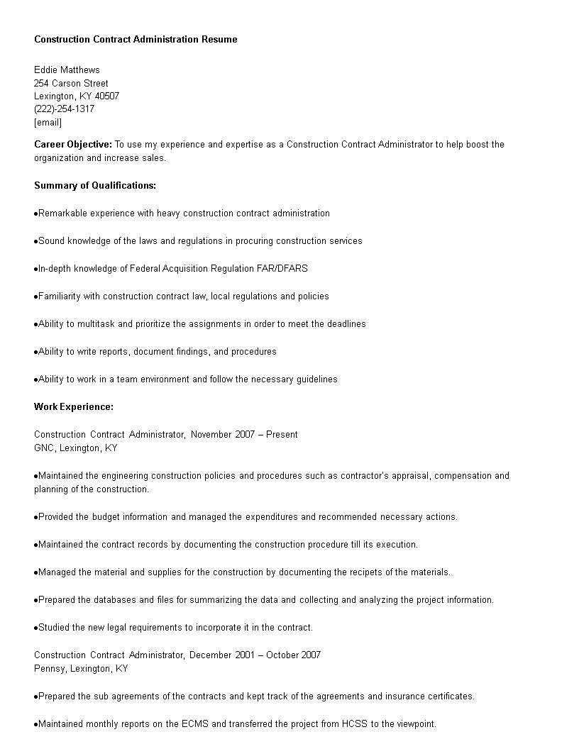 Construction Contract Administration Resume main image