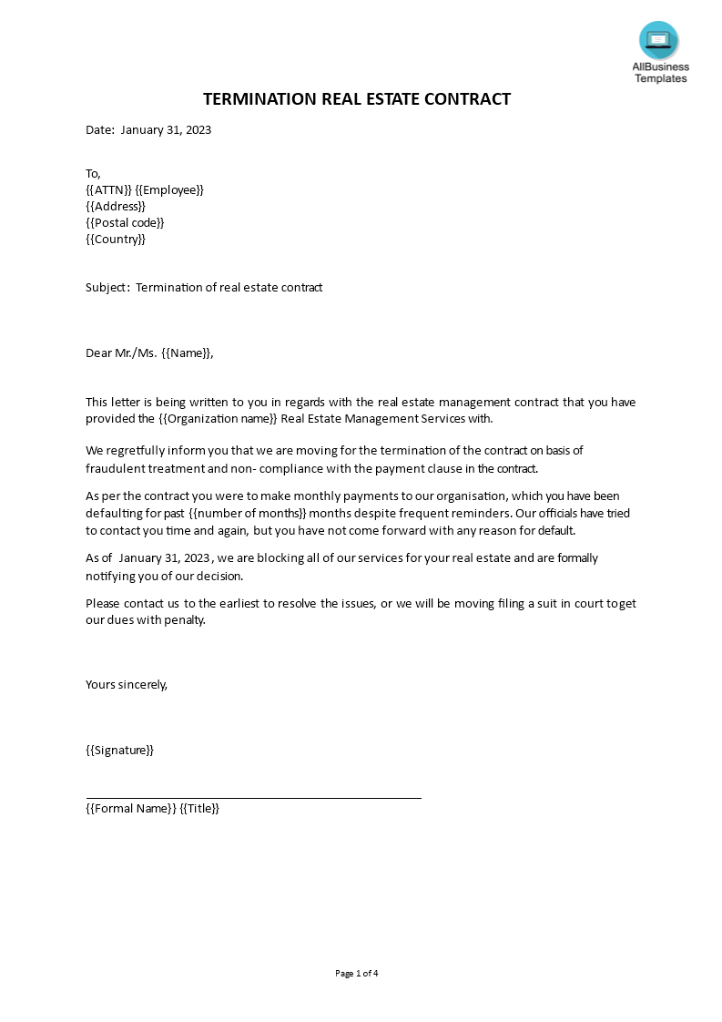 real estate contract termination letter template