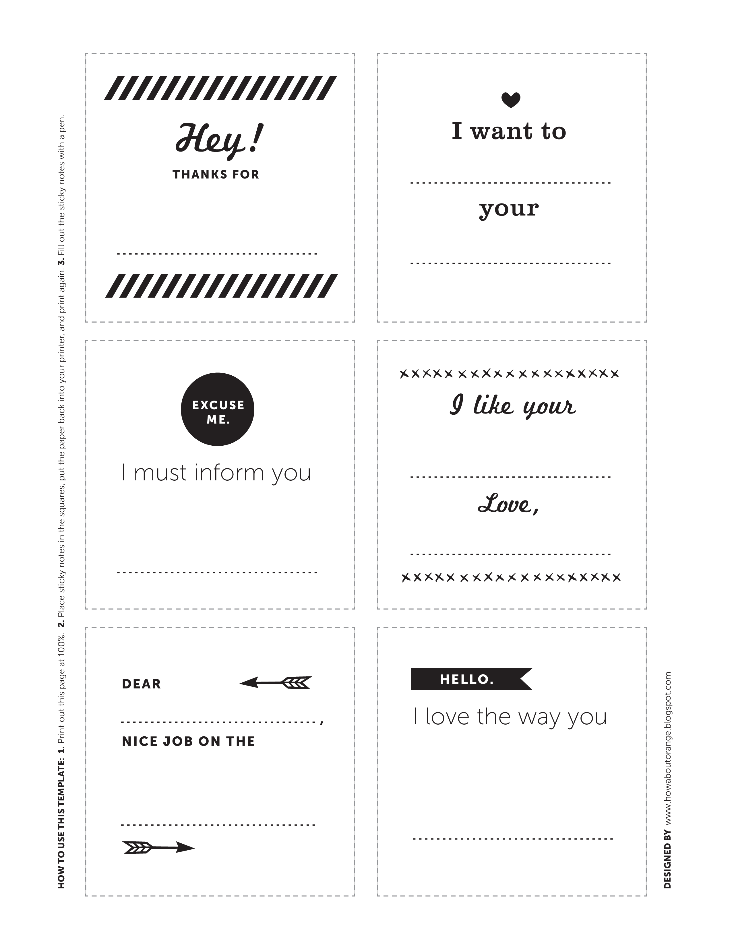 Printable Sticky Notes 模板
