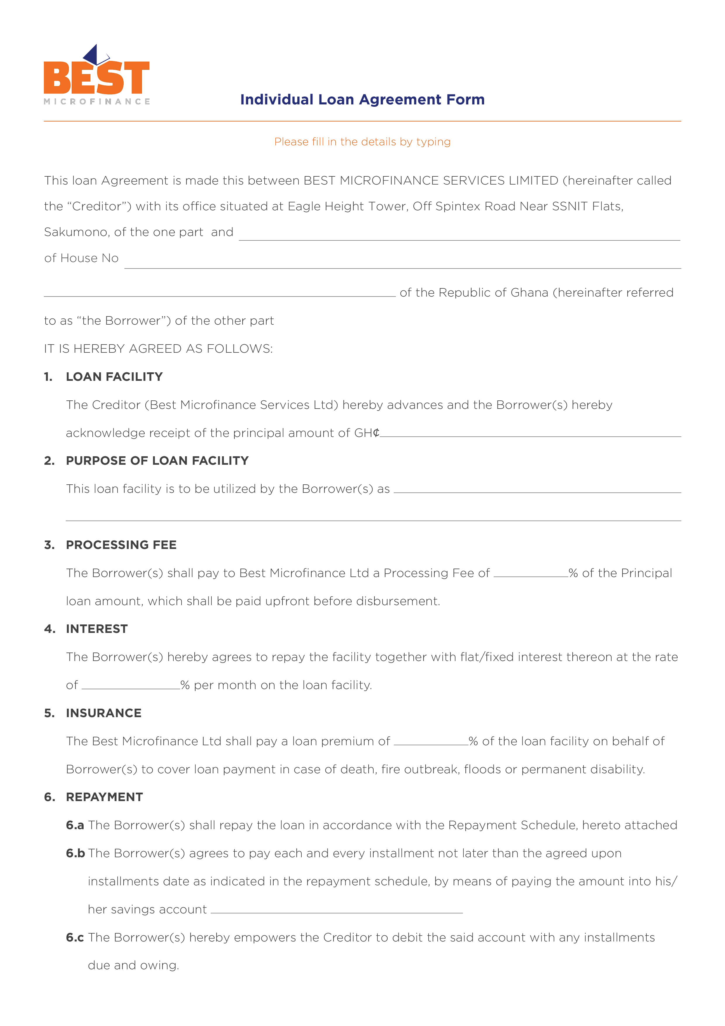 Individual Loan Agreement Form 模板