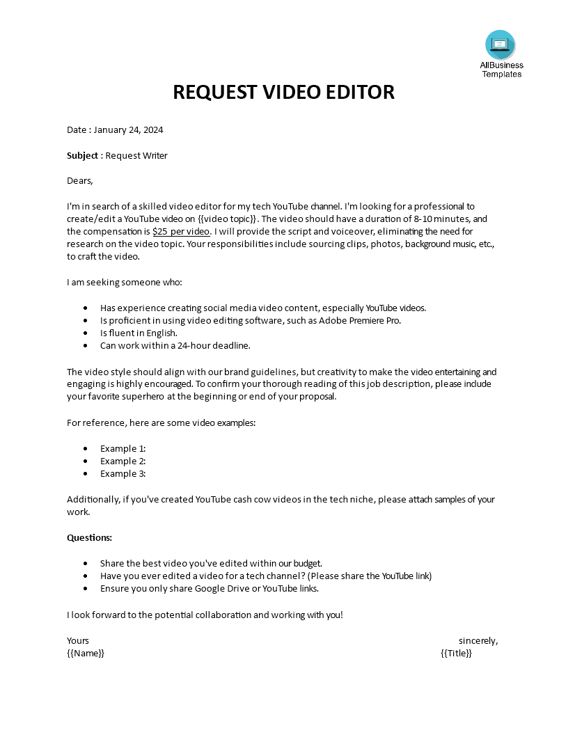 video editor request template modèles