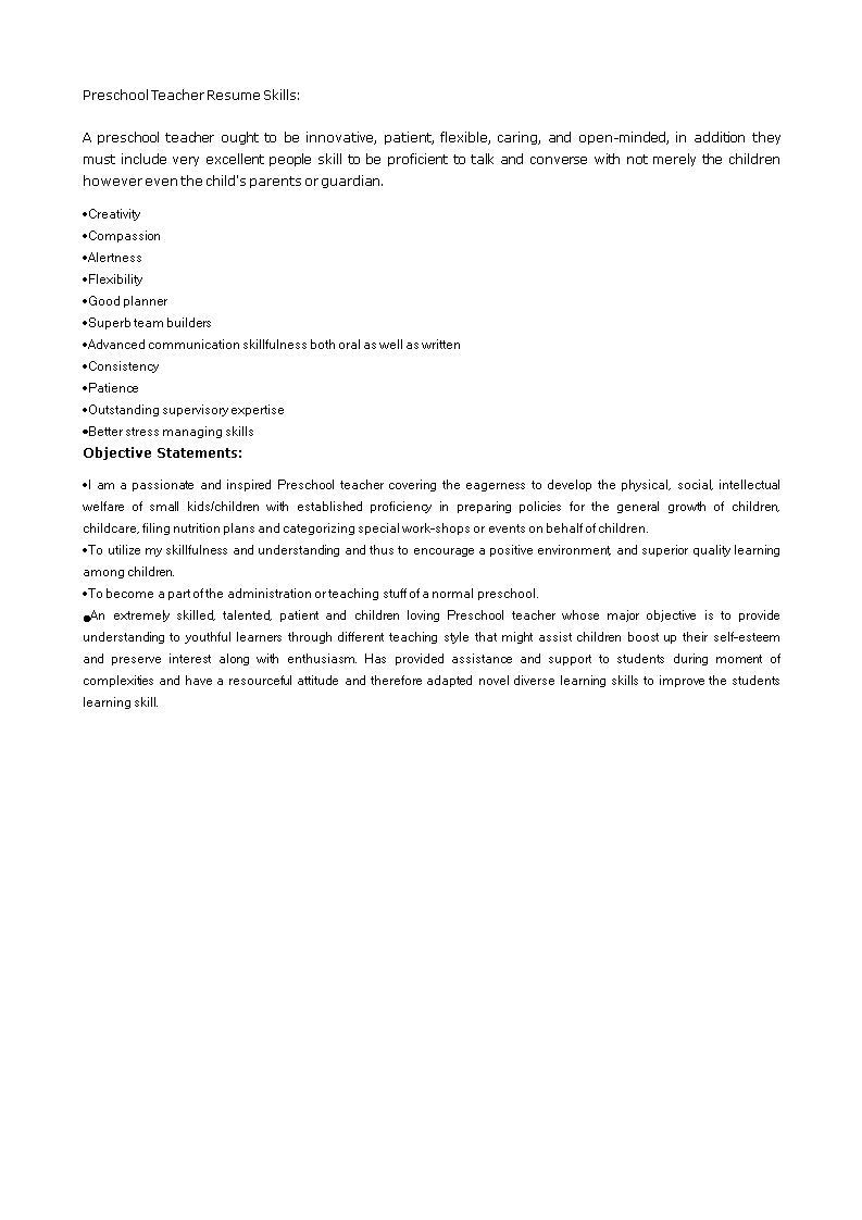 preschool teacher resume sample modèles